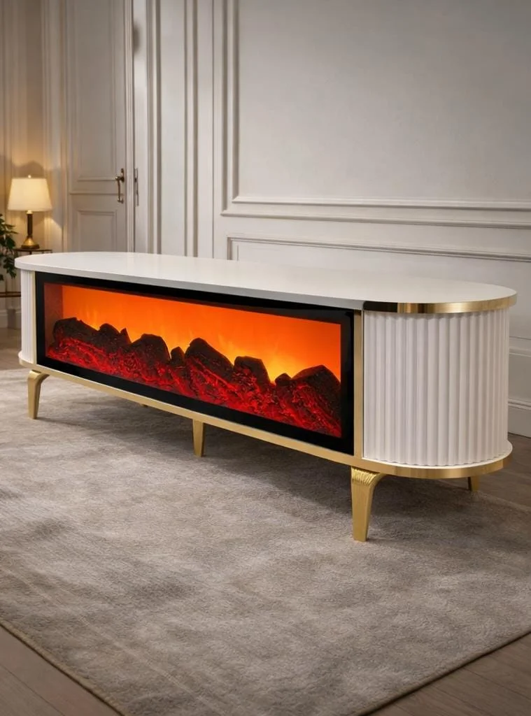 Luxury white fluted TV stand with integrated electric fireplace and gold accents in modern UK living room