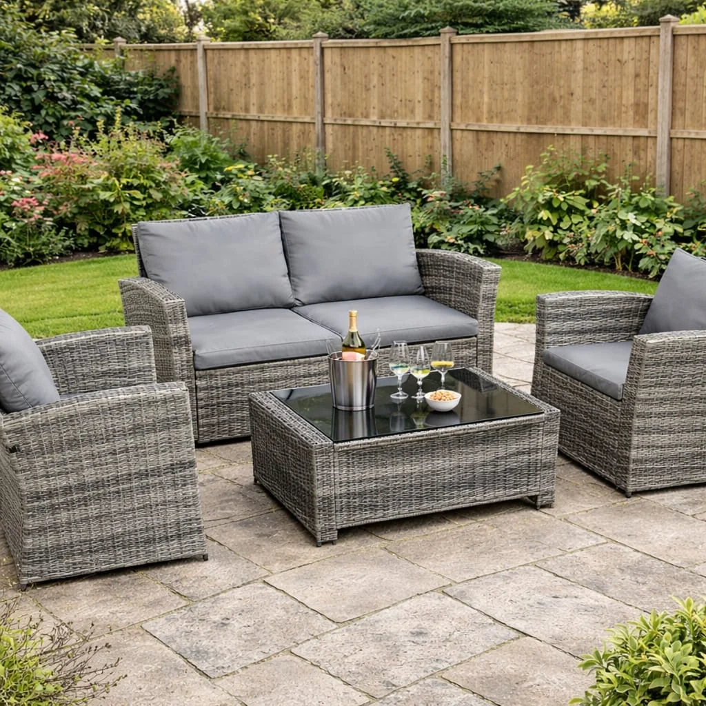 Grey rattan garden sofa set with tempered glass table in UK outdoor patio