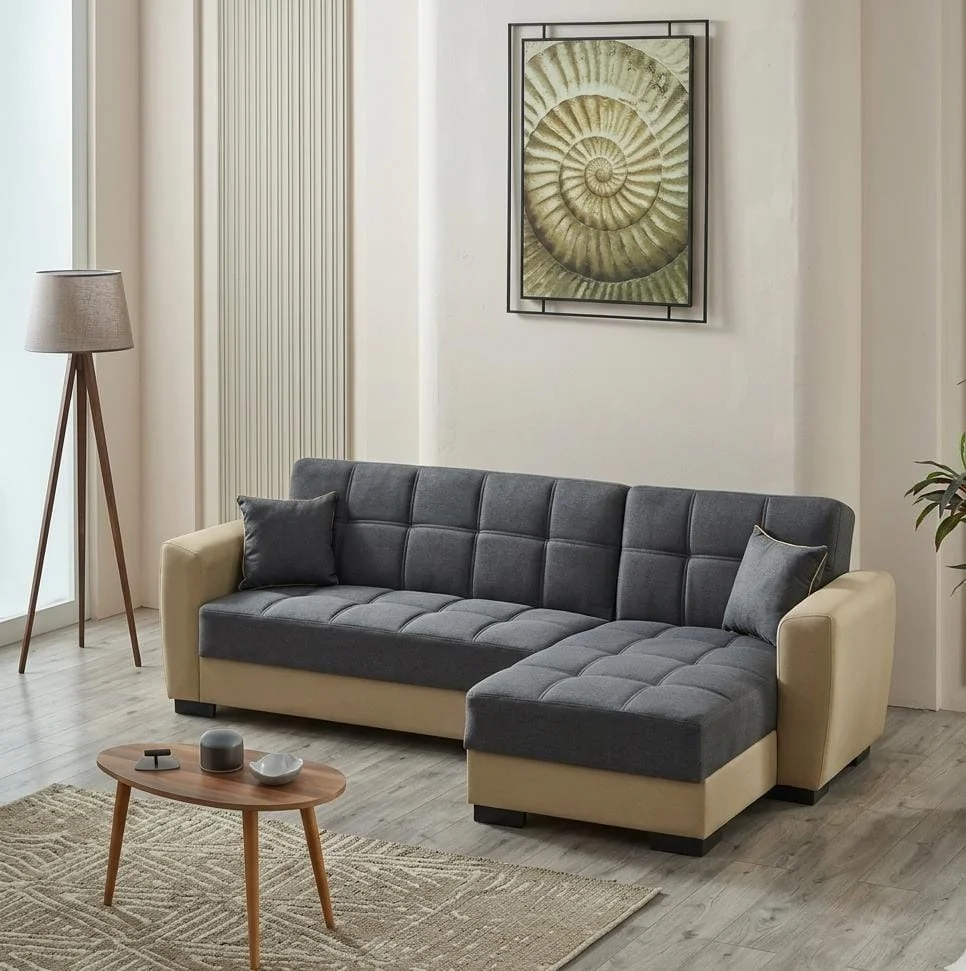 Grey and beige L-shape quilted corner sofa bed with storage in modern UK living room